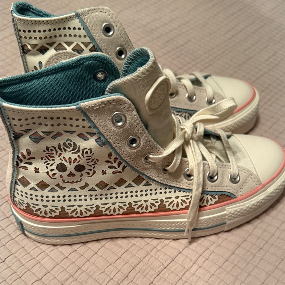 Converse Cream and Teal High-Tops with Lace Design